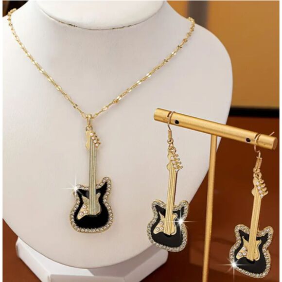 Gold Black Electric Guitar Necklace Dangle Earrings Set - Picture 3 of 5